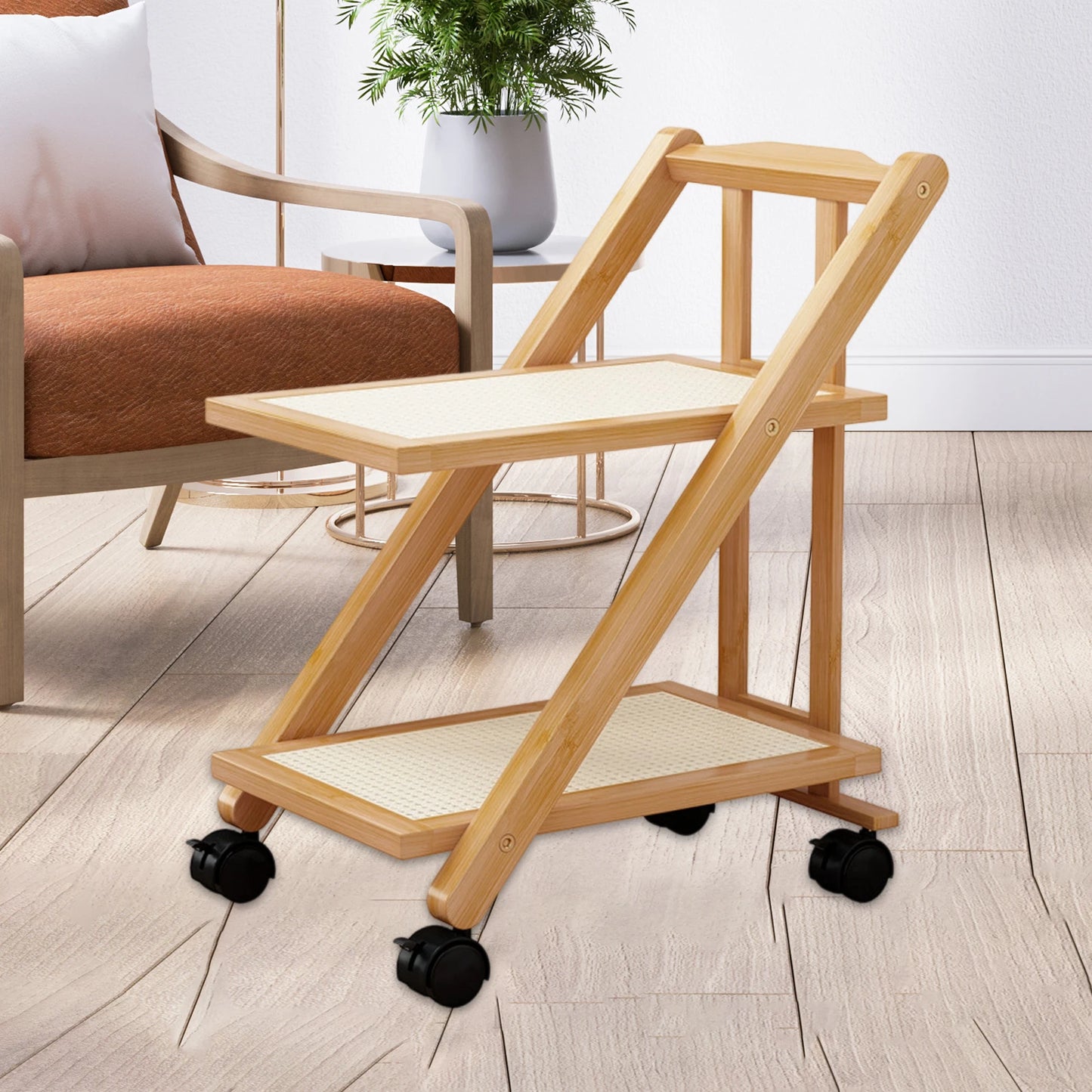 Foldable Bedside Table Storage Rack with Wheel 2-Layer Coffee Table Storage Sofa Bookcase Floor-Standing Bedroom Snack Push Cart