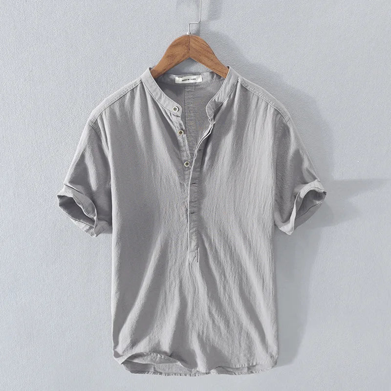 2025 Summer New 100% Cotton and linen Fabric T-shirt Men High Quality Solid Color Drop Sleeve Loose Tshirts Oversize Tops V-neck