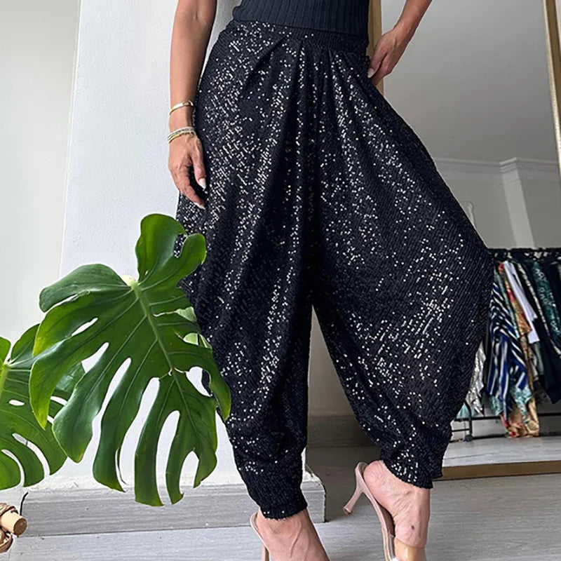 Full Sequined Patchwork Women Solid Pants 2024 Spring Summer Female Casual Pants Loose Fit All Match Lady Elastic Waist Bloomers