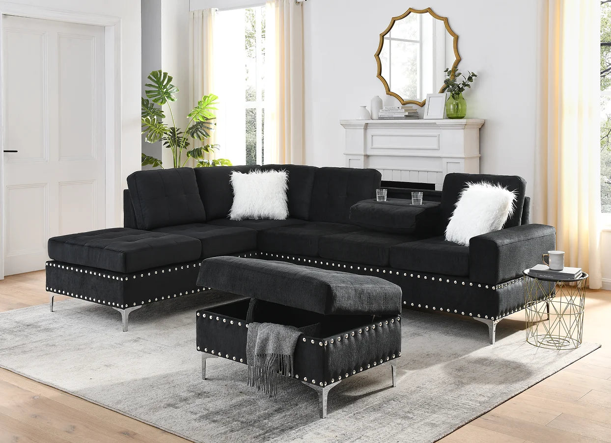 Modern Convertible Sectional 3-Seaters Sofa Set Reversible Chaise Storage Ottoman Cup Holders L-Shaped Velvet Memory Foam Metal