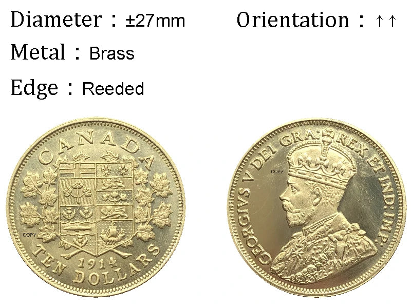 Canada 1914 10 Dollars - George V Brass Copper Gold Coin Souvenirs For Home And Gifts Metal Collectible Numismatic Coins