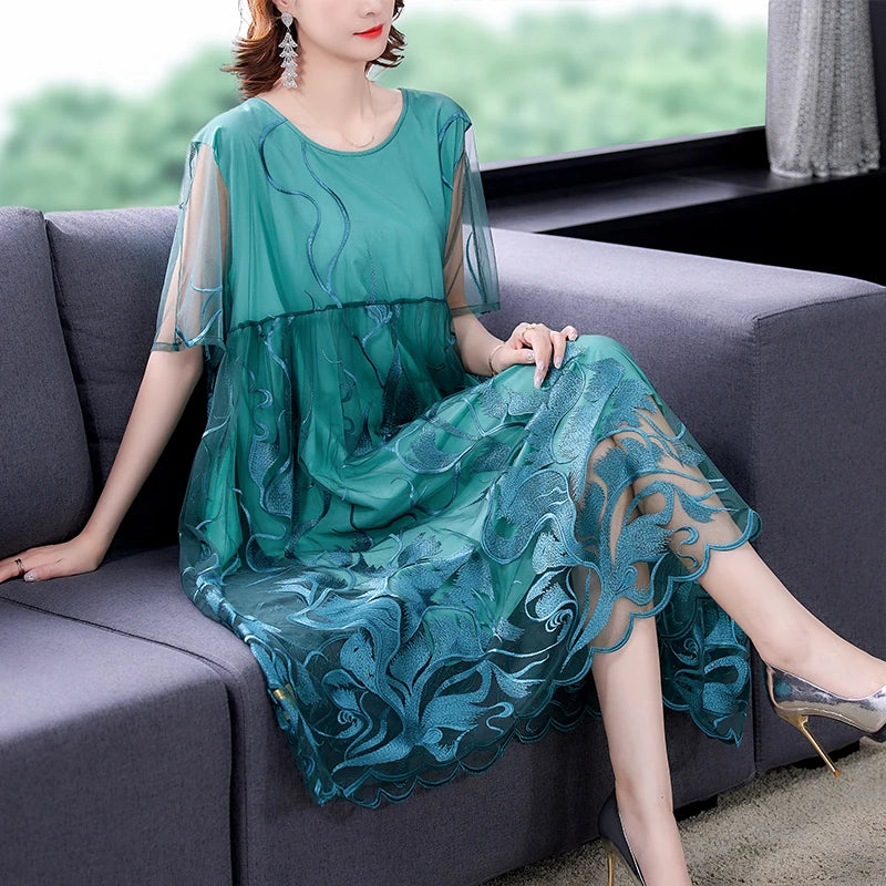 High Street Natural Silk Floral Embroidery Midi Dress Summer Casual Vintage Loose Beach Dress 2024 Women Elegant Party Vestidos