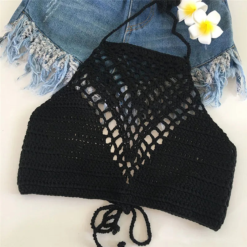 Women Summer Short Vest Sexy Hollow Out Plain White Halter Vest Strap Crop Tops Crochet Bikini Tank Tops Shirt HotSale Crop Top