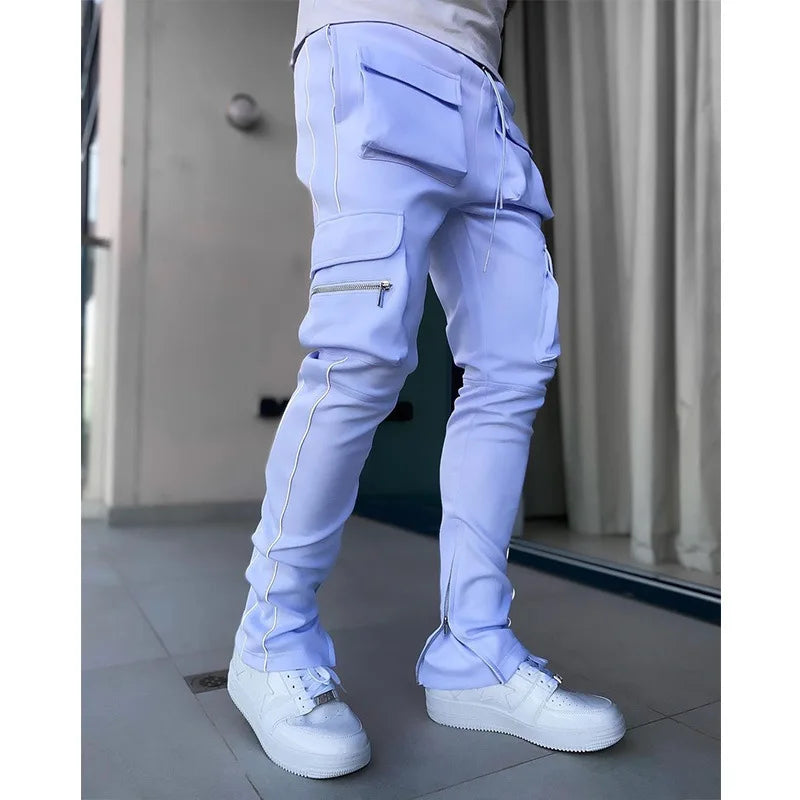 Spring and Autumn Workwear Pants Men's Fashion Brand Elastic Multi-Bag Reflective Straight Sports Fitness Casual Trousers