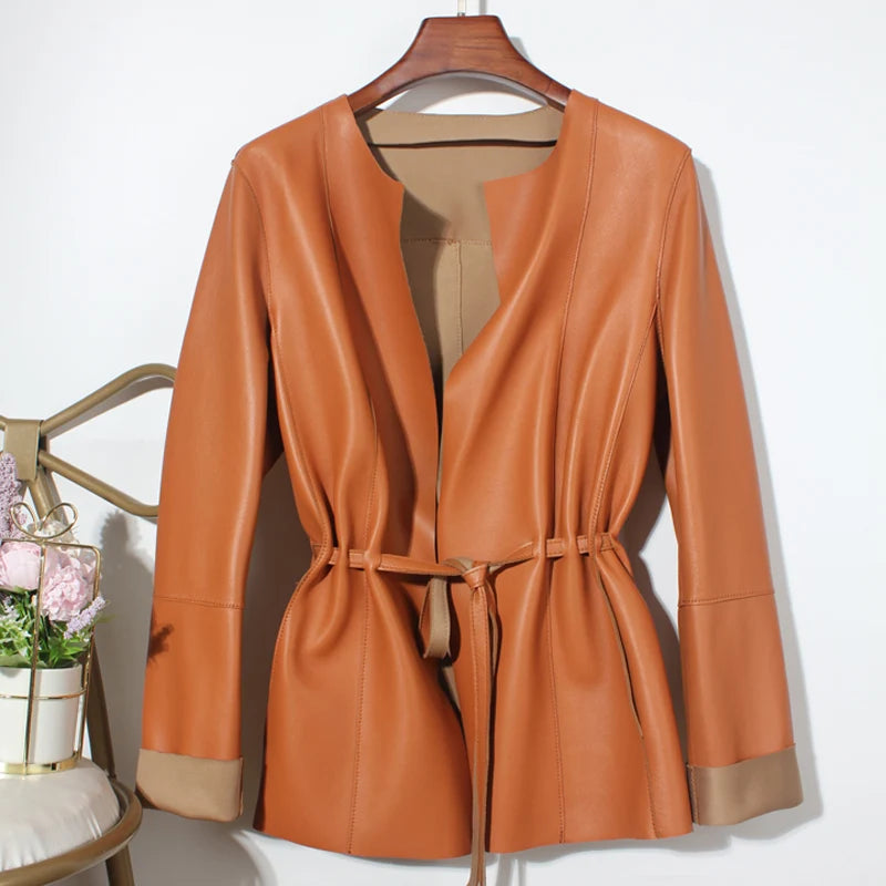 European Fashion Women Clothing Female Real Leather Jacket Mujer Draw Back Round Neck Pleated Belt Caramel Coat Veste Femme