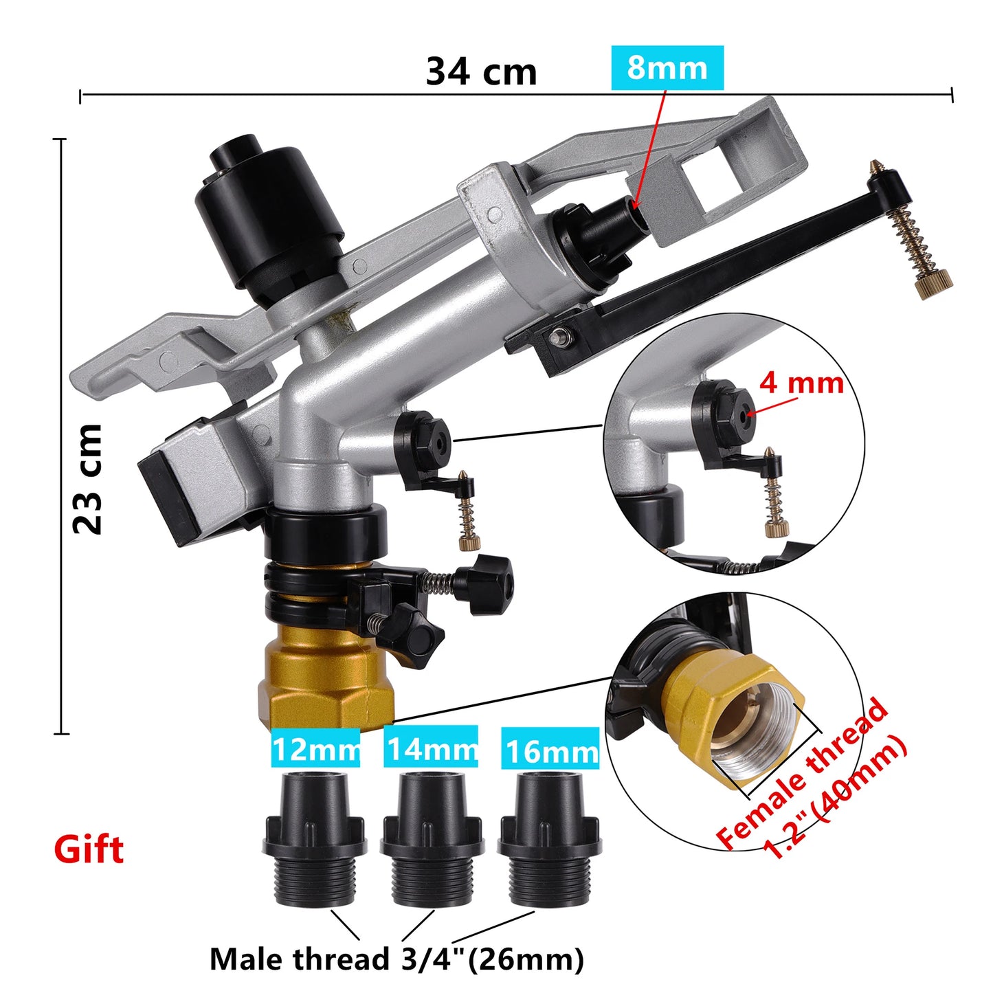 Garden Irrigation 1.2/1.5inch Internal Thread Long Distance Sprinkler Agricultural Garden Lawn Outdoor Large Range Spray Gun