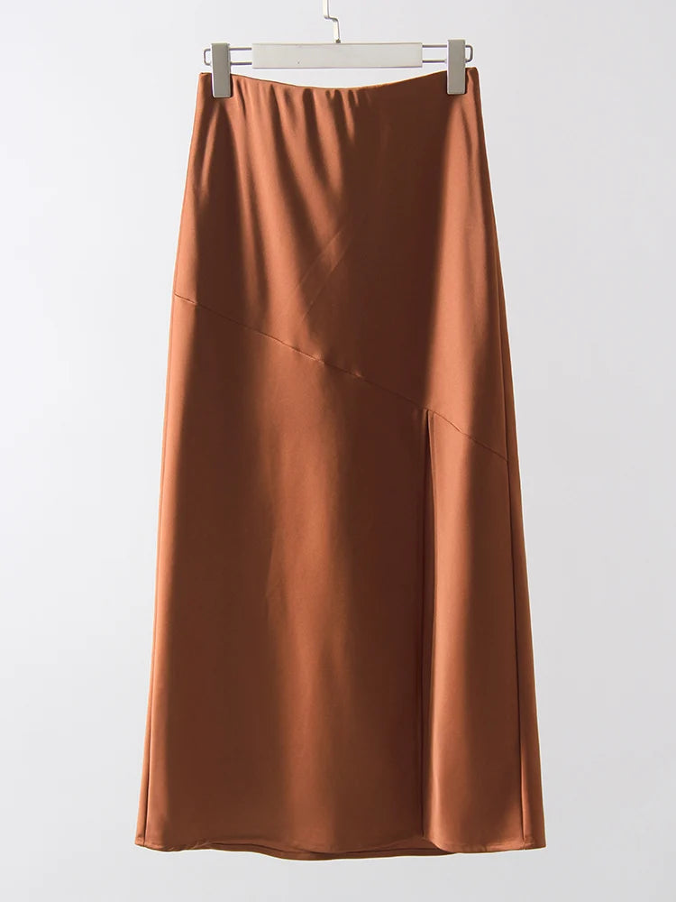 Summer Satin Skirts For Woman Office Maxi A Line Black Silk Skirts With Slit Lady High Waist Women Patchwork Skirt Long Elegant