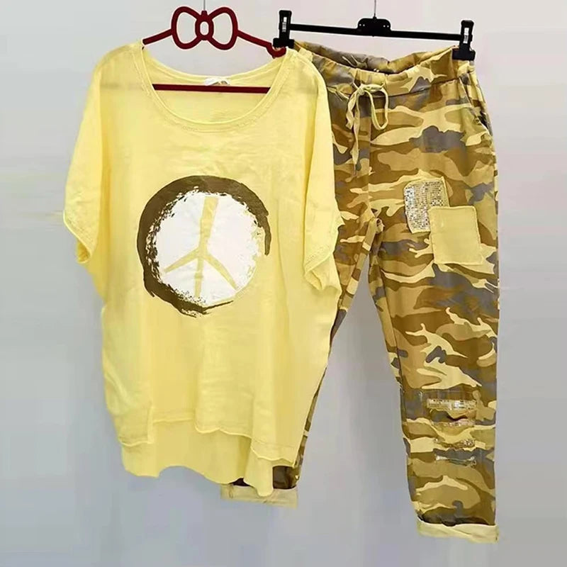 Pants Set For Women Fashion O Neck Irregular Hem Blouse Camouflage Print Drawstring Pants Sets Casual Short Sleeve T Shirt Suits