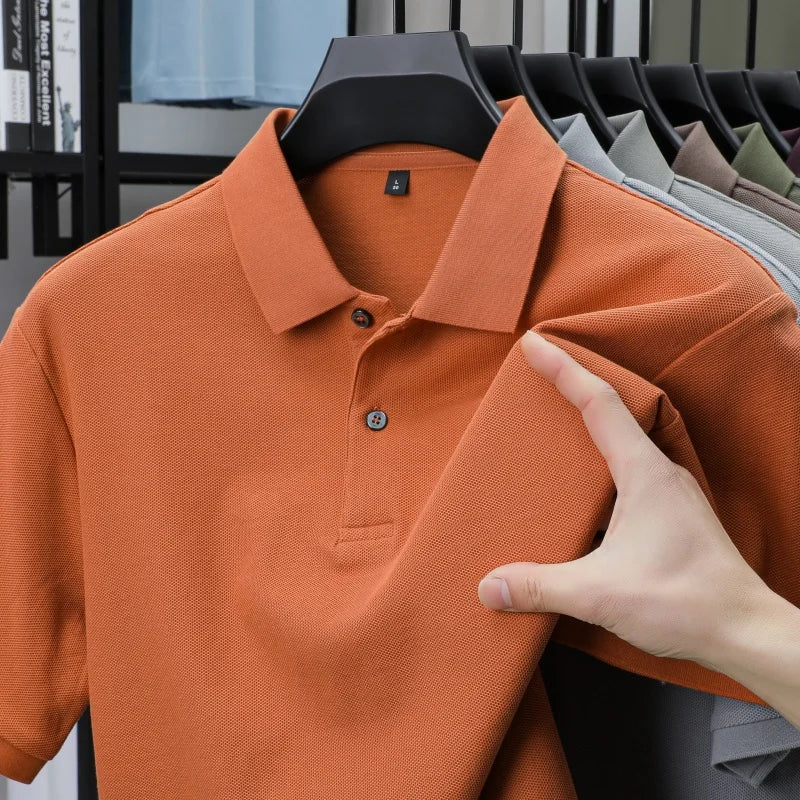 100% pure cotton boutique short sleeved high-end men's polo shirt summer high-quality solid color topsbusiness casual T-shirt
