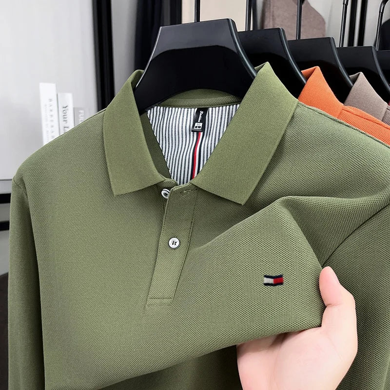 100% pure cotton autumn and winter high-end men's POLO shirt fashion brand embroidery business casual lapel long sleeved shirt