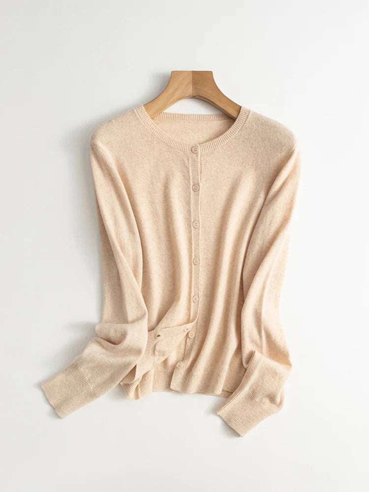 SuyaDream, Cardigans For Woman, 100%Merino Wool, Round Collar, Solid Plain Sweaters, 2024 Fall Winter Jackets, Beige, Black