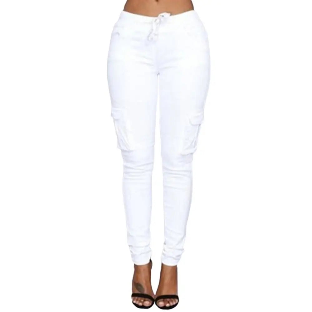 Pants Casual Solid Color Women Trousers Skinny Cargo Pockets Drawstring Joggers Trousers