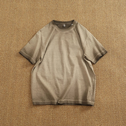 100% cotton made old wash short sleeve T-shirt men's round neck loose drop rotator sleeve solid color half sleeve T