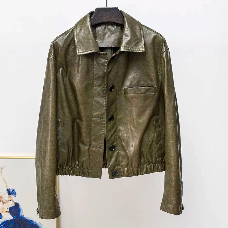 Advanced Oil Wax Leather Jacket for Women Autumn Winter Female 100% Lambskin Square Neck Elastic Waist Loose Coat Vestes Femmes