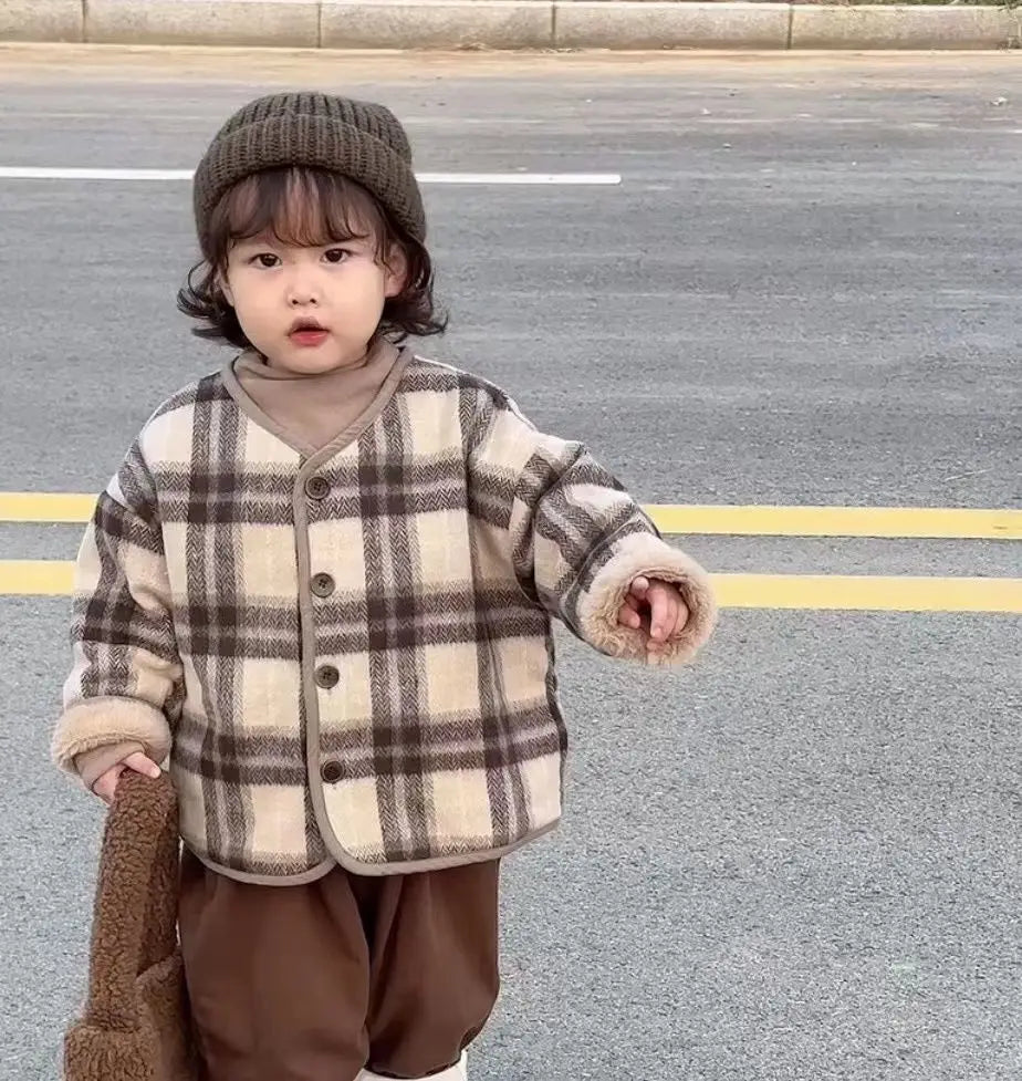 Winter Plush Kids Jackets Kids Outdoor Thicken Warm Coats Woolen Fashion Plaid Children's Velvet Jacket Boys Girls Cotton Jacket