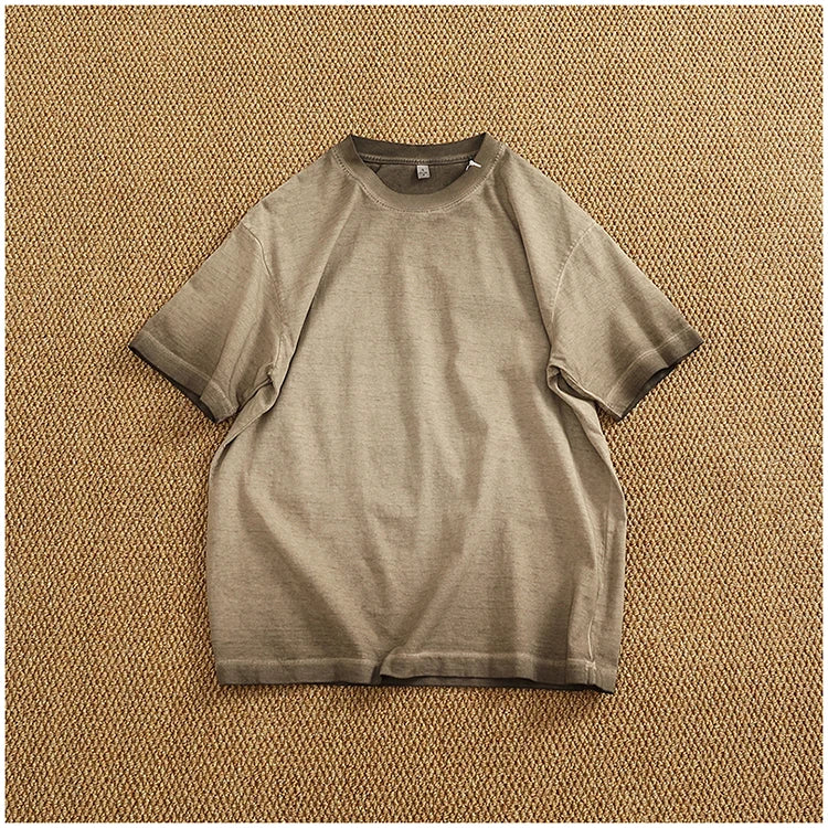 100% cotton made old wash short sleeve T-shirt men's round neck loose drop rotator sleeve solid color half sleeve T