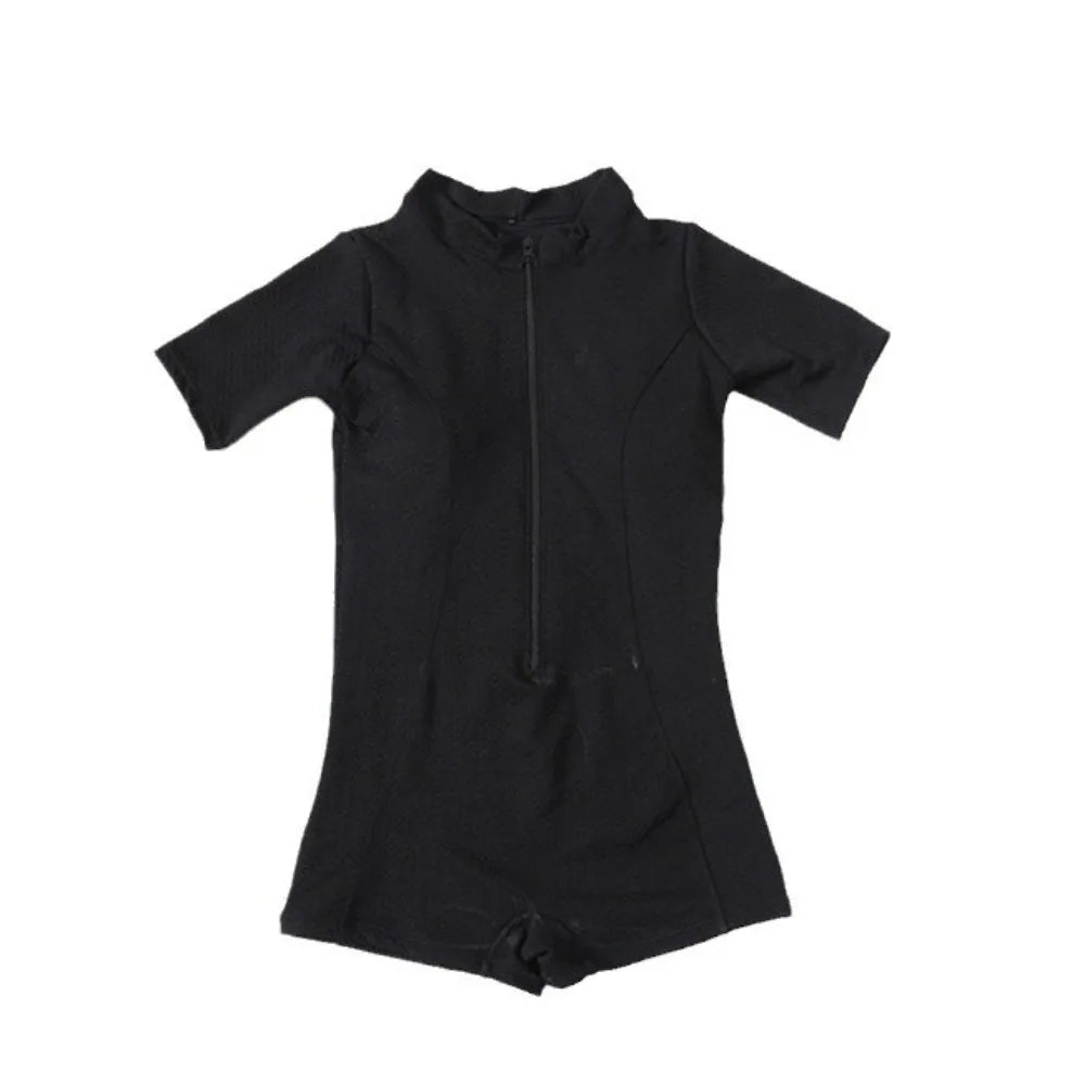 Bodysuit Short Sleeve Swimming Suit Half High Collar High Neck Bathing Suit Solid Blue Rash Guard Surfing