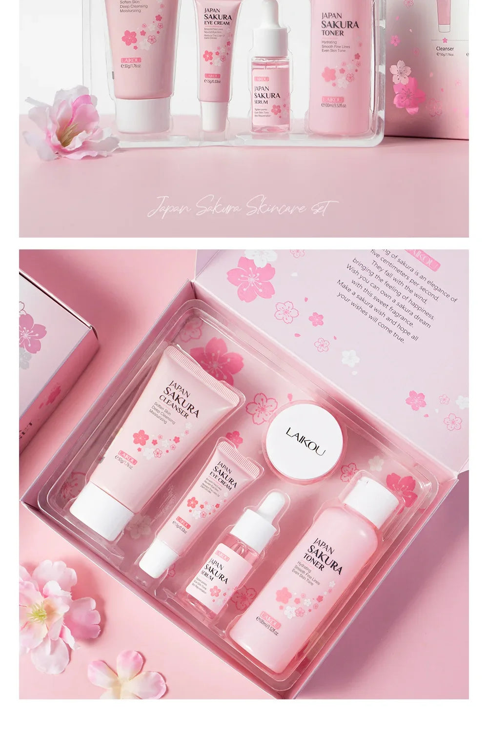 LAIKOU Sakura Kit Skin Care Sets Moisturizing and Reducing Fine Lines Cleansing Pore Product 5-Piece Korean Valentine's Day Gift