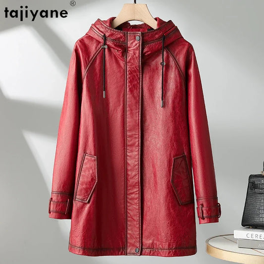 Tajiyane 100% Real Leather Jacket Women Autumn Winter Hooded Vintage Genuine Sheepskin Coat Mid-length Fashion Jaqueta Feminina