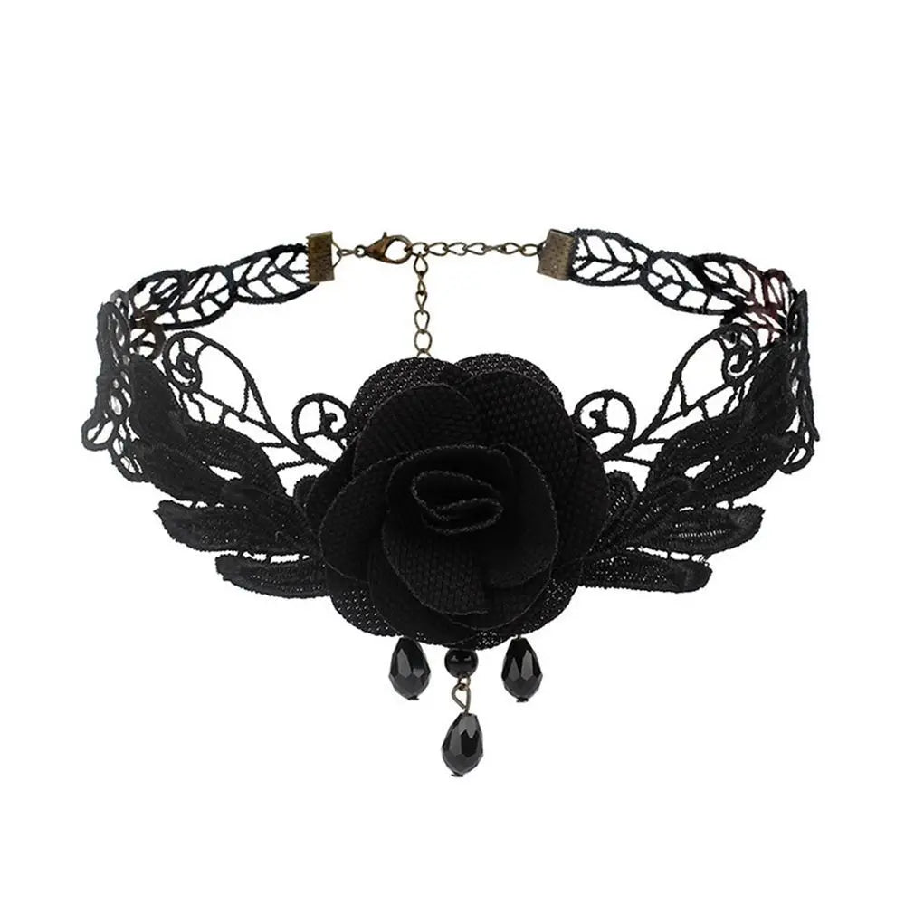 Sexy Neck Chain Steampunk Style Collar Chocker Gemstone Pendant Black Lace Gothic Necklace