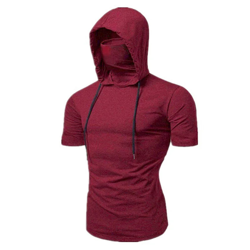 Summer Hooded T-Shirt Stretch Pullover Slim Fitness Personality Stretch Leisure Sport Shirt Ninja Suit Short-sleeved Mask Top