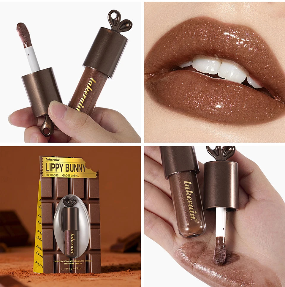 Lakerain Chocolate Rabbit Lip Gloss Mirror Effect Moisturizing Smooth Non-Sticky Long Lasting Hydration Lippy Bunny Lipstick