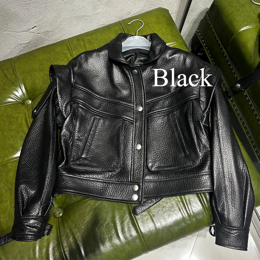 Grained Vintage Leather Jacket Women High Quality Genuine Sheep Leather Coat 2025