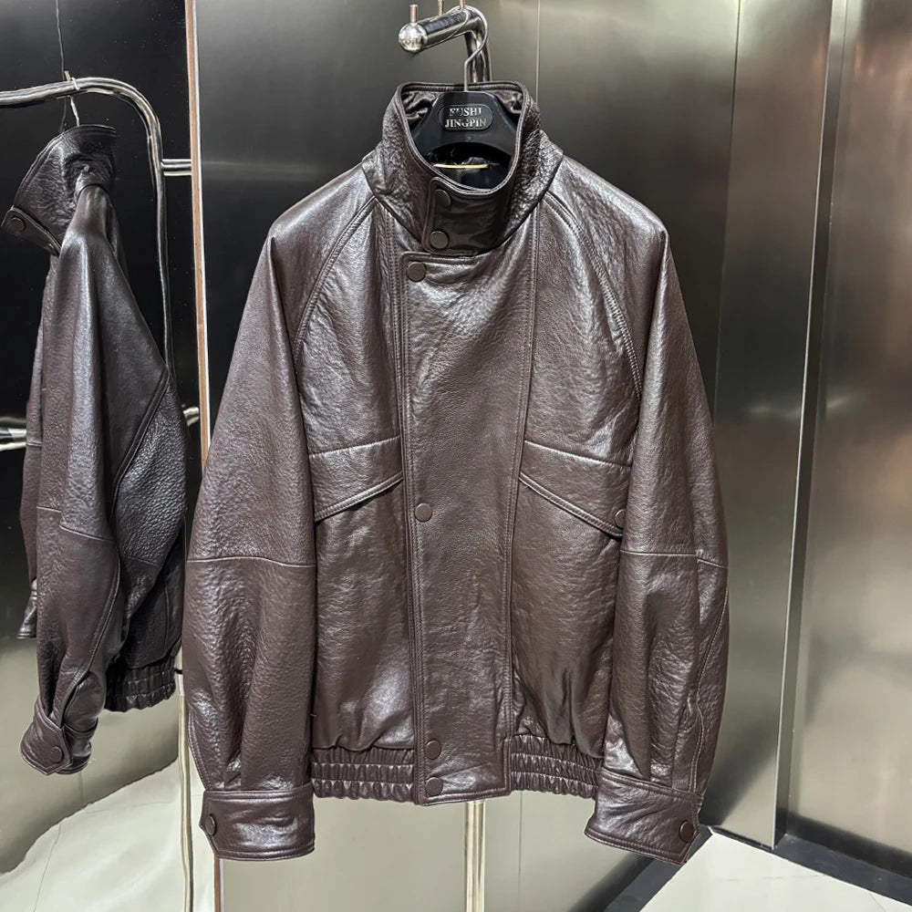 2025 Black Grained Leather Jacket Oversized Leather Coat Stand Collar Real Sheepskin Coat