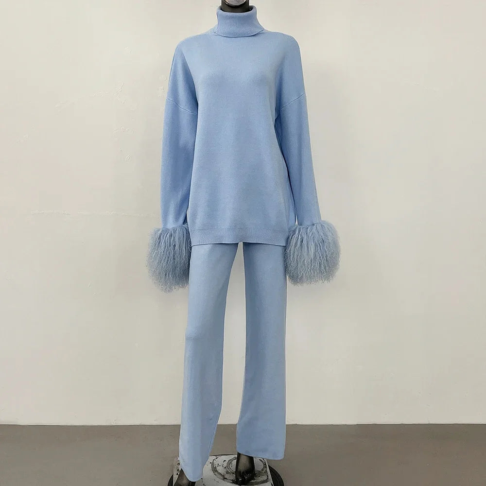 Coat Women Knitted Suit Women's Sweater Set Real Mongolian Sheep Fur Cuffs High Quality Wool & Blend Knitted Pullover and Pants