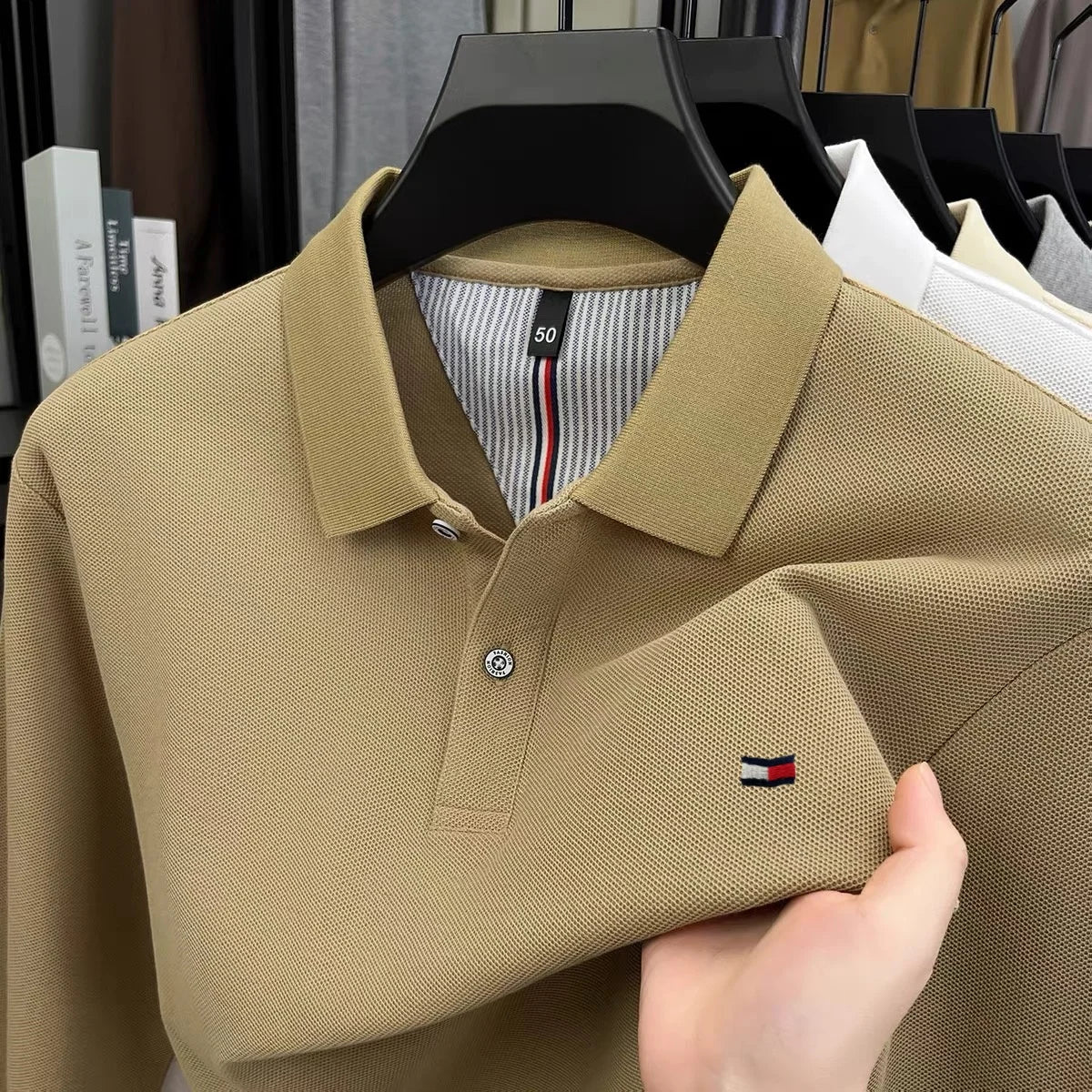 100% pure cotton autumn and winter high-end men's POLO shirt fashion brand embroidery business casual lapel long sleeved shirt