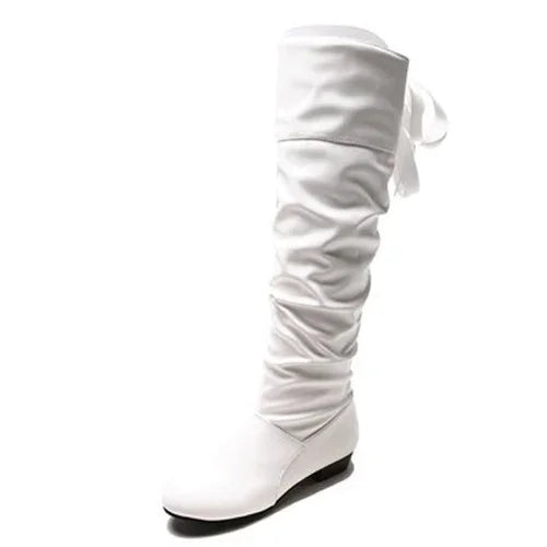 Shoes For Women Knee High Boots Red Black White Tall Boots Woman Pleated Low Heel Casual Leather Female Long Shoes 2024