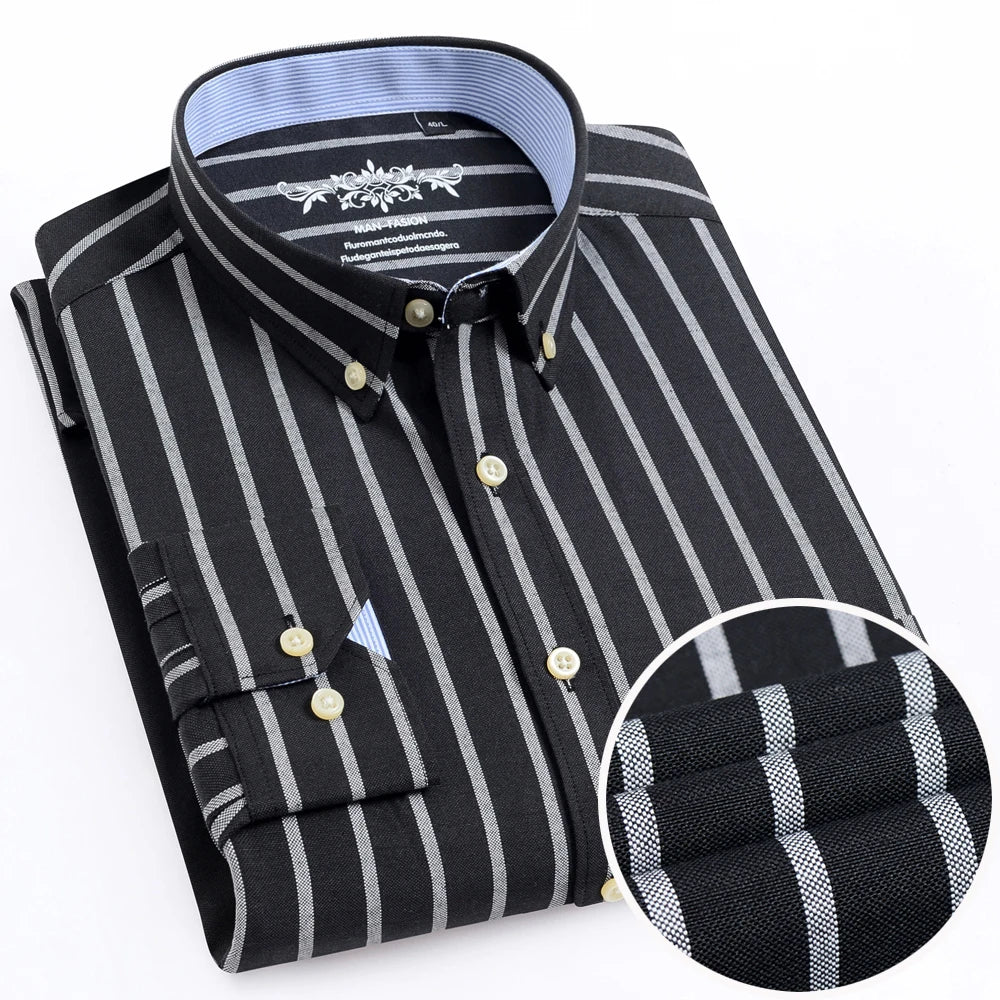 Men's Long Sleeve Oxford Plaid Striped Work Casual Shirt with Pocket, Spring Autumn Cotton Blend Regular-fit Button-down Shirts