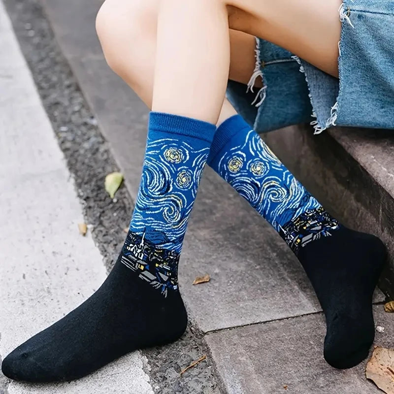 1 Pair Women Retro Abstract Oil Painting Art Sock Shout Modern Van Gogh Starry Night Happy Oil Painting Comfort Skateboard Socks