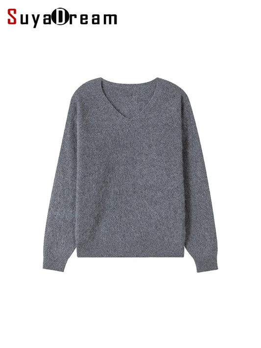 SuyaDream, Women Fleece Pullovers, V Neck, 3.8%Cashmere 96.2%Wool, Chic Warm Sweaters, 2025 Fall Winter Solid Top, Camel, Olive