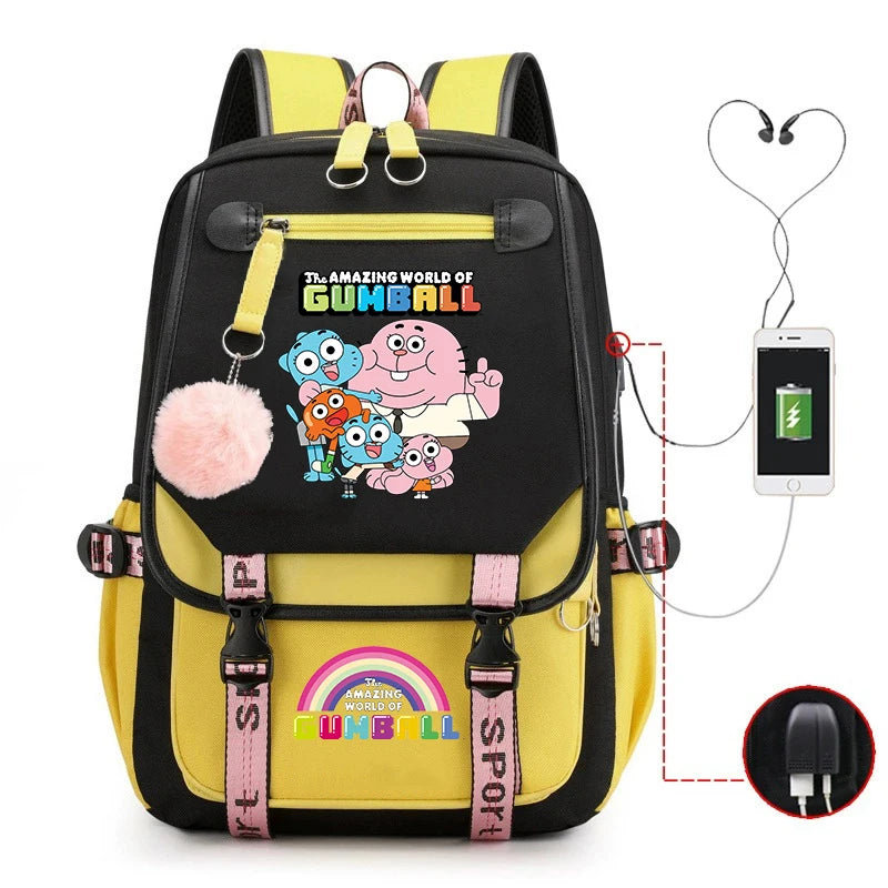 School Bags for Teenage Girls The Amazing World of Gumball Printed Students Bookbag Large Capacity Travel Bagpack with Usb Port