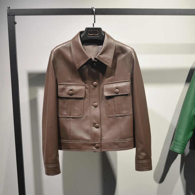 Women Suit Clothing Spring New Genuine Leather Jacket Female Top Grade Coffee Casual Short Thin Coat Femme Motorcycle Chaquetas