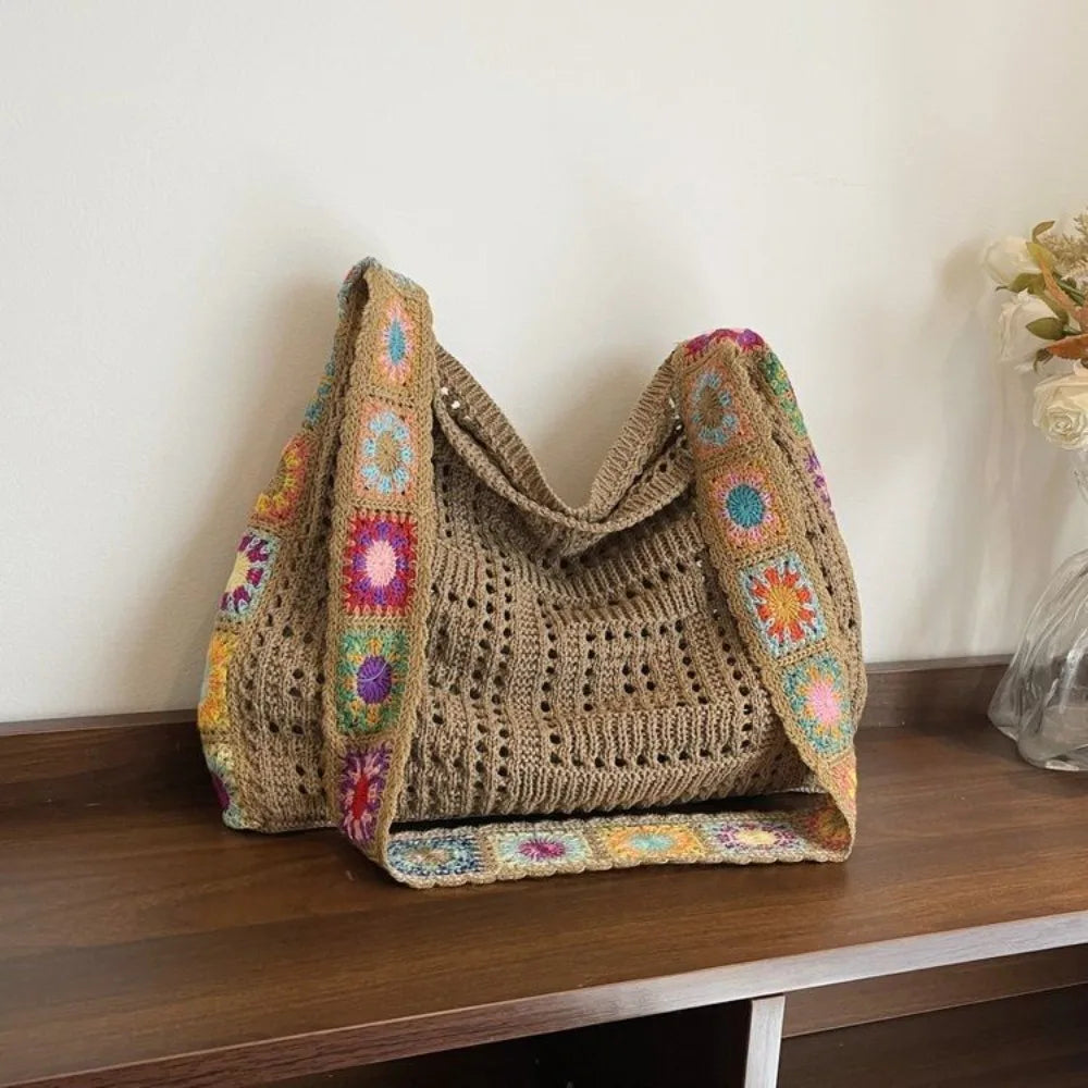 Fashion Large Capacity Women Shoulder Bag Floral Crochet Vintage Handbag Boho Hollow Out Knitted Crossbody Bags