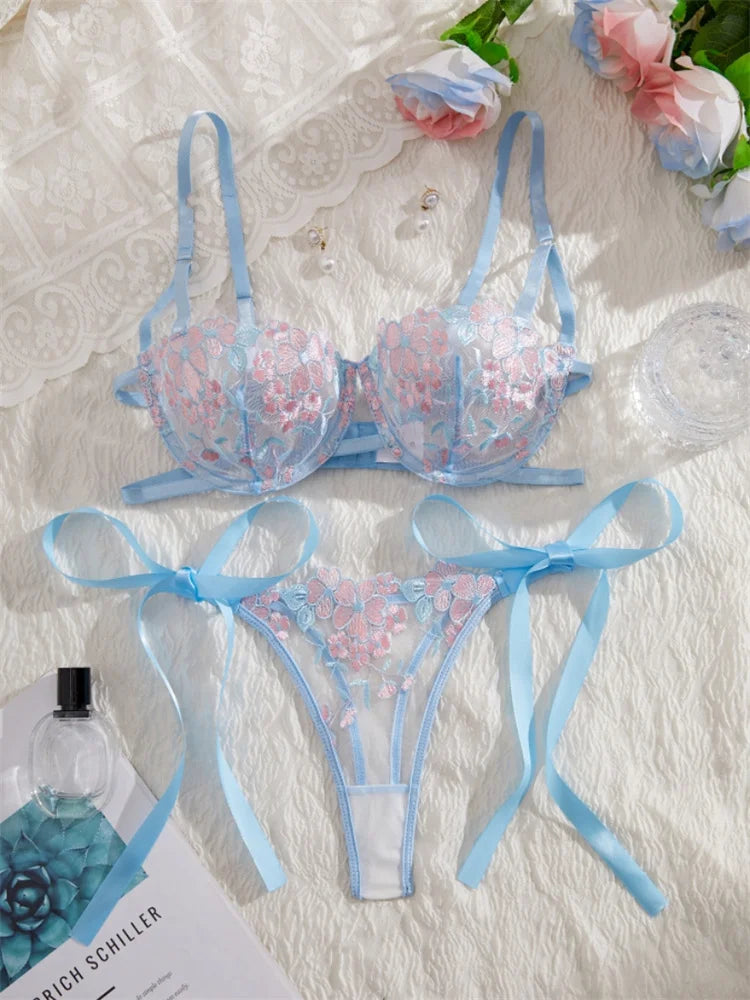 Lingerie Ultra Sexy Beautiful Female Underwear Tulle Fairy Exotic Sets Delicate Embroidery Bra and Panty Set Youth Sexy Lingerie