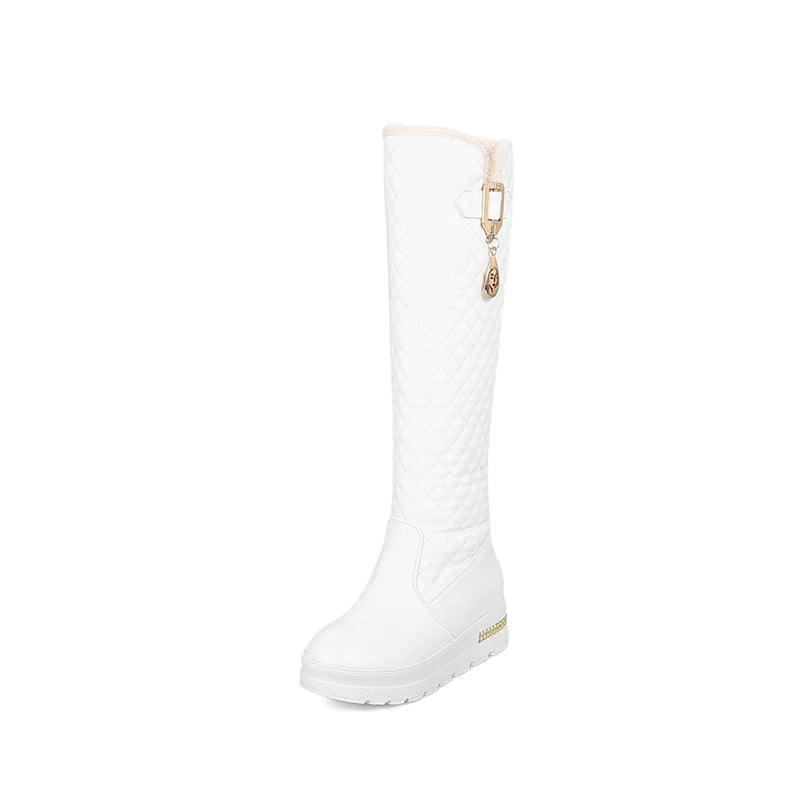 Raised Checkerboard With Metal Square Buckle Warmth Plush Lining Women's Snow Boots Flat Bottoms Elevated Knee Length Boots