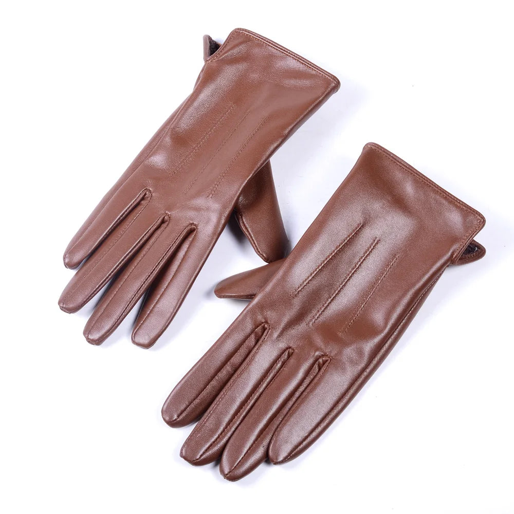 Women's Ladies 100% Real Leather Sheep skin Elegant Winter Warm Thick Lining White Pink Colorful Cute Outdoor Short Gloves