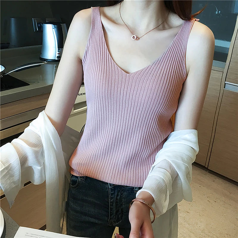 Summer Casual Tank Top Women Sleeveless Knitted T-Shirts Female Elastic Slim Vests Crop Tops Tanks & Camis Pullover Shirts
