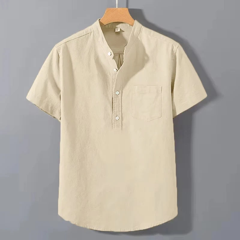 New Mens Short Sleeve T Shirts Solid Color Stand Up Collar Shirt Summer Trendy Breathable Loose Youth Basic Cotton Pocket Top