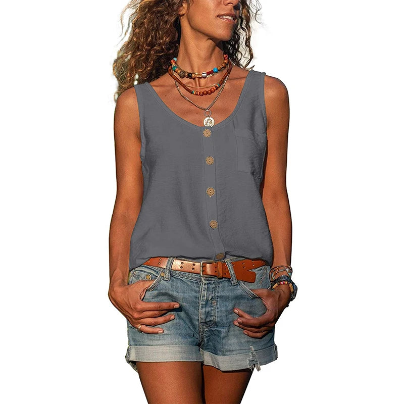 Women Summer Loose Vest Tops Buttons Chiffon Blouse Holiday T Shirt Casual Cami Tank Top Sleeveless Base V-neck Camisoles