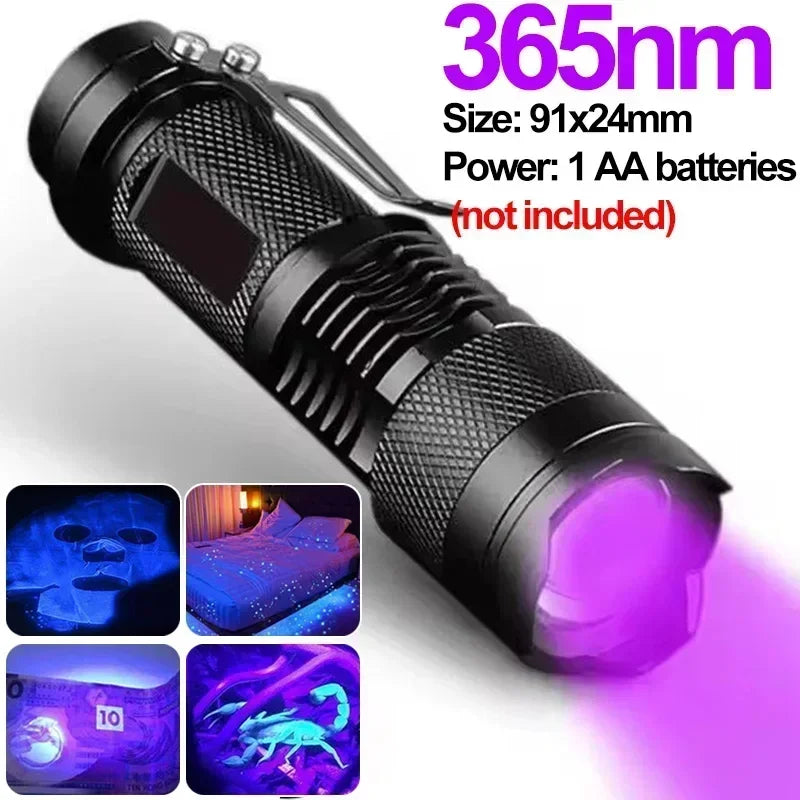 UV Flashlight LED Ultraviolet Torch Zoomable Mini Ultra Violet Lights 395/365nm Inspection Lamp Pet Urine Stain Detector Tools