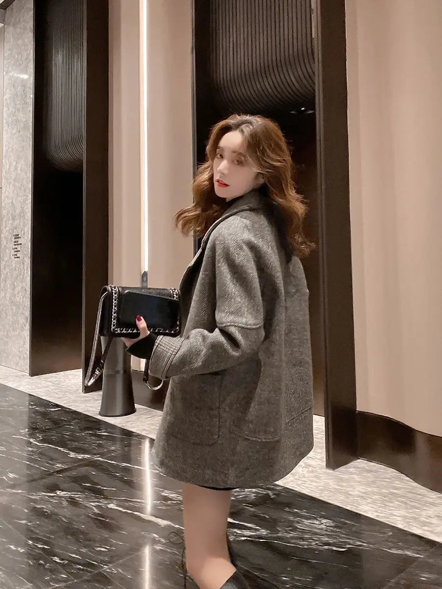 Woolen Suit Jacket for Women Autumn Winter Korean Loose Casual Blazers Thick warm Pocket Turndown Collar Women's Coat