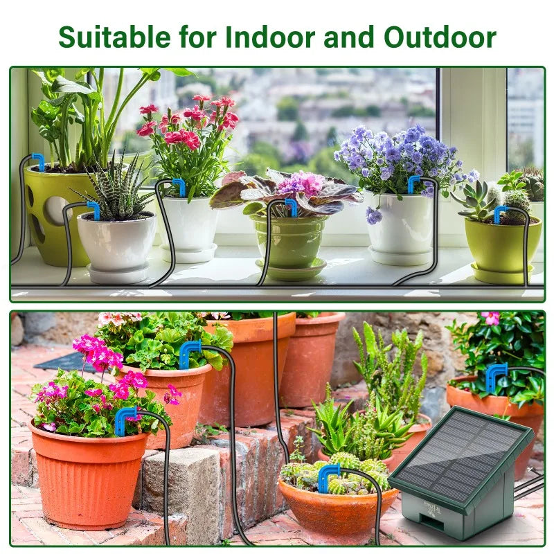 Solar Irrigation System, Automatic Watering System with 10M Hose and 10 Drip Tips for In/Outdoor, DIY Garden Balcony Terrace Etc