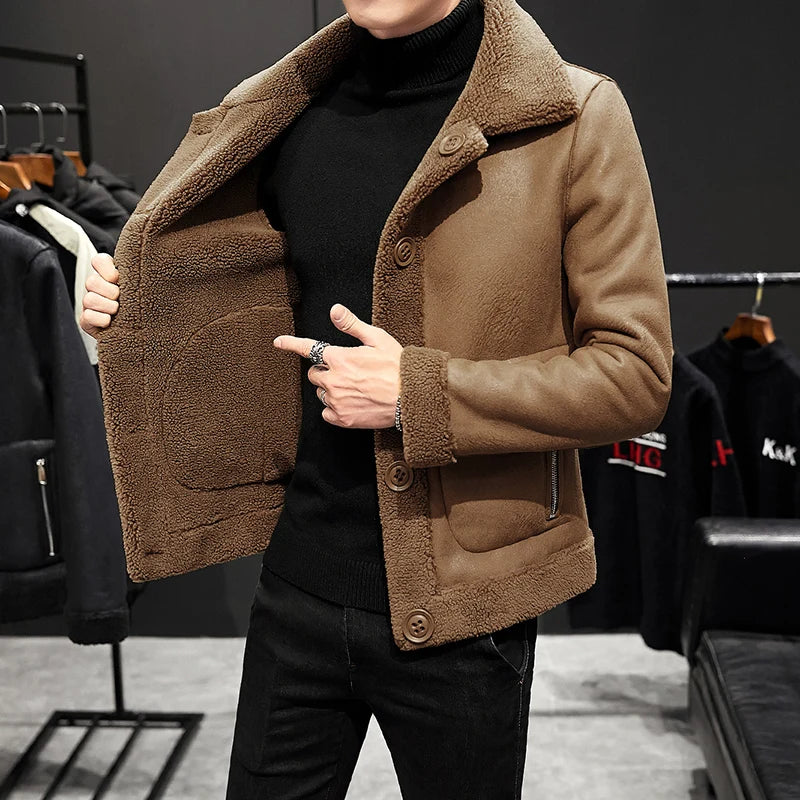 Winter Men's Warm Double sided Jackets Granular Wool Fashion Turn Down Collar Casual Outwear Coats Men Fleece Jacket Plus Size