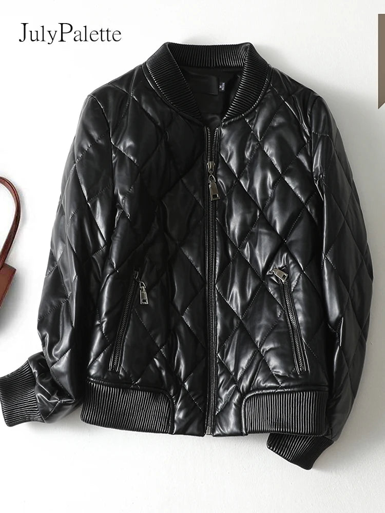 Julypalette 90% White Duck Down Real Sheepskin Jackets Black Casual Women Winter Zipper Lambskin Leather Warm Coats Size M-5XL