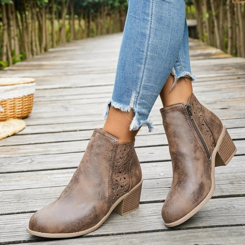 Women Pointed Toe Ankle Boots Thick Heel Side Shoes Women Zipper Fashion Retro Leather Short Barrel Hollow Boots Botas Mujer