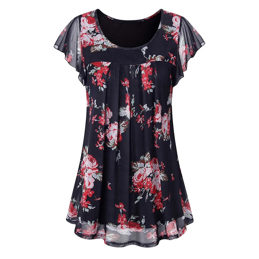 Womens Tops Summer T Shirts Casual V Neck Floral Print Petal Women's Athletic Shirts Mesh fabric Plus Size